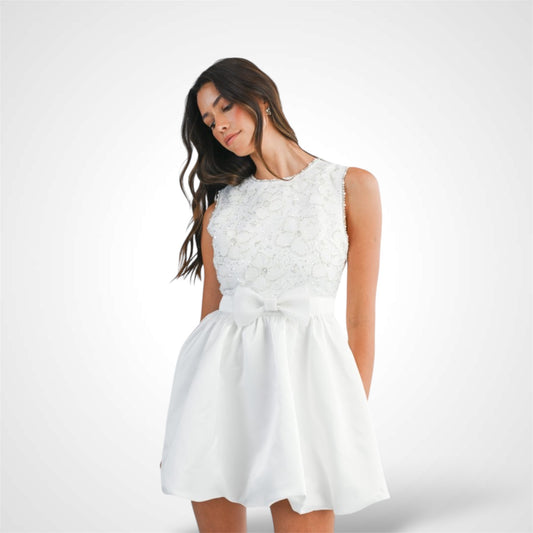 BOW FRONT BEADED LACE BUBBLE HEM MINI DRESS