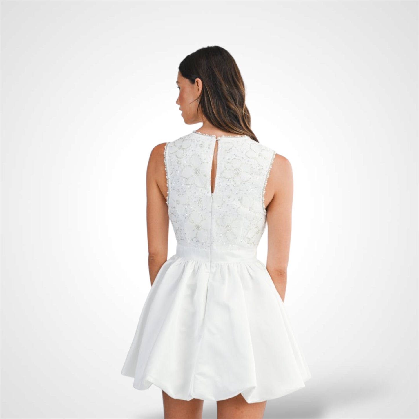 BOW FRONT BEADED LACE BUBBLE HEM MINI DRESS