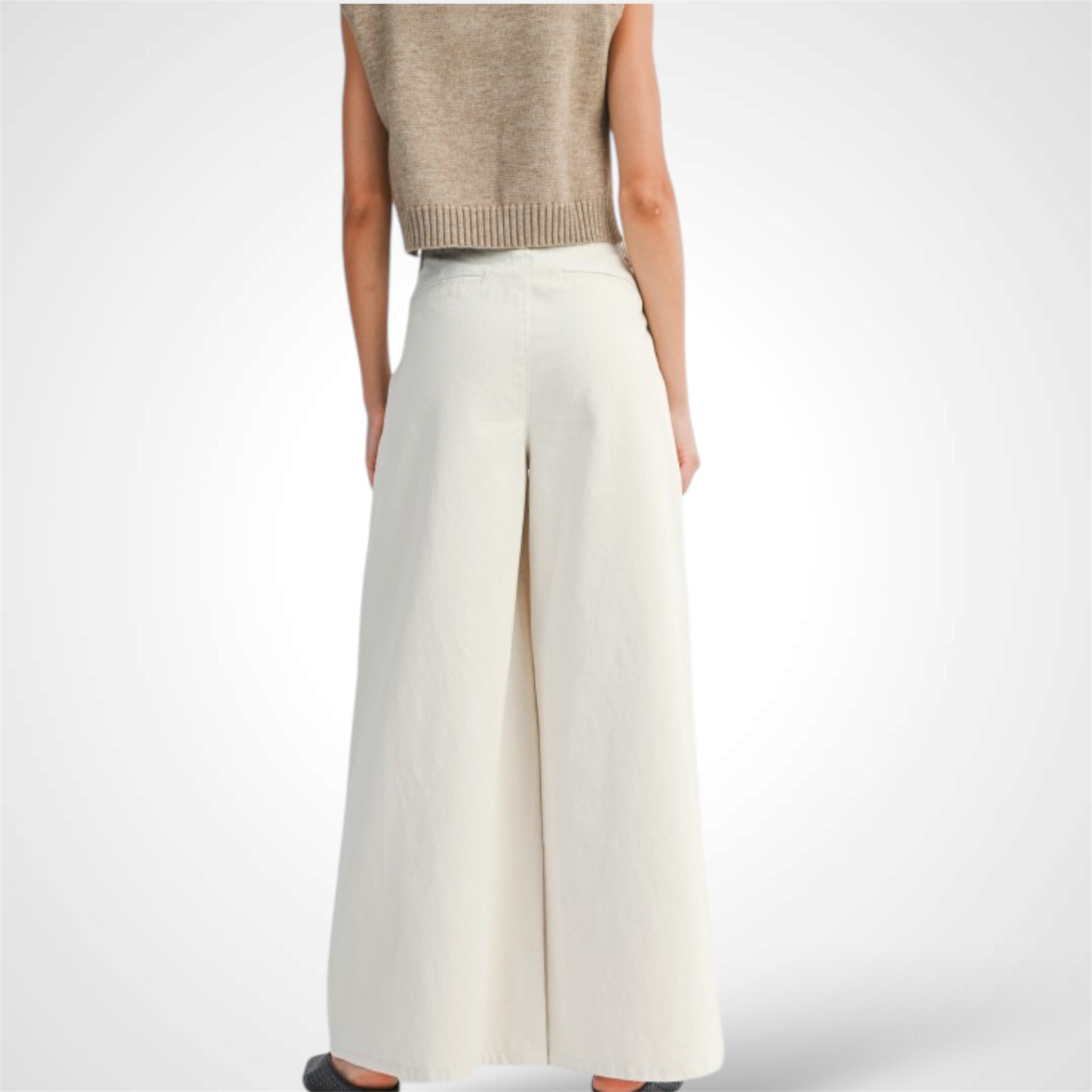 PLEATED WASHED TWILL WIDE LEG PANTS•-3