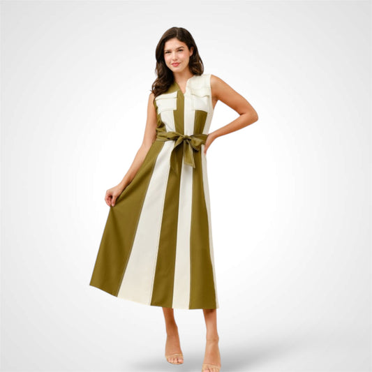 OLIVE/IVORY SLEEVELESS COLOR-BLOCK MIDI DRESS