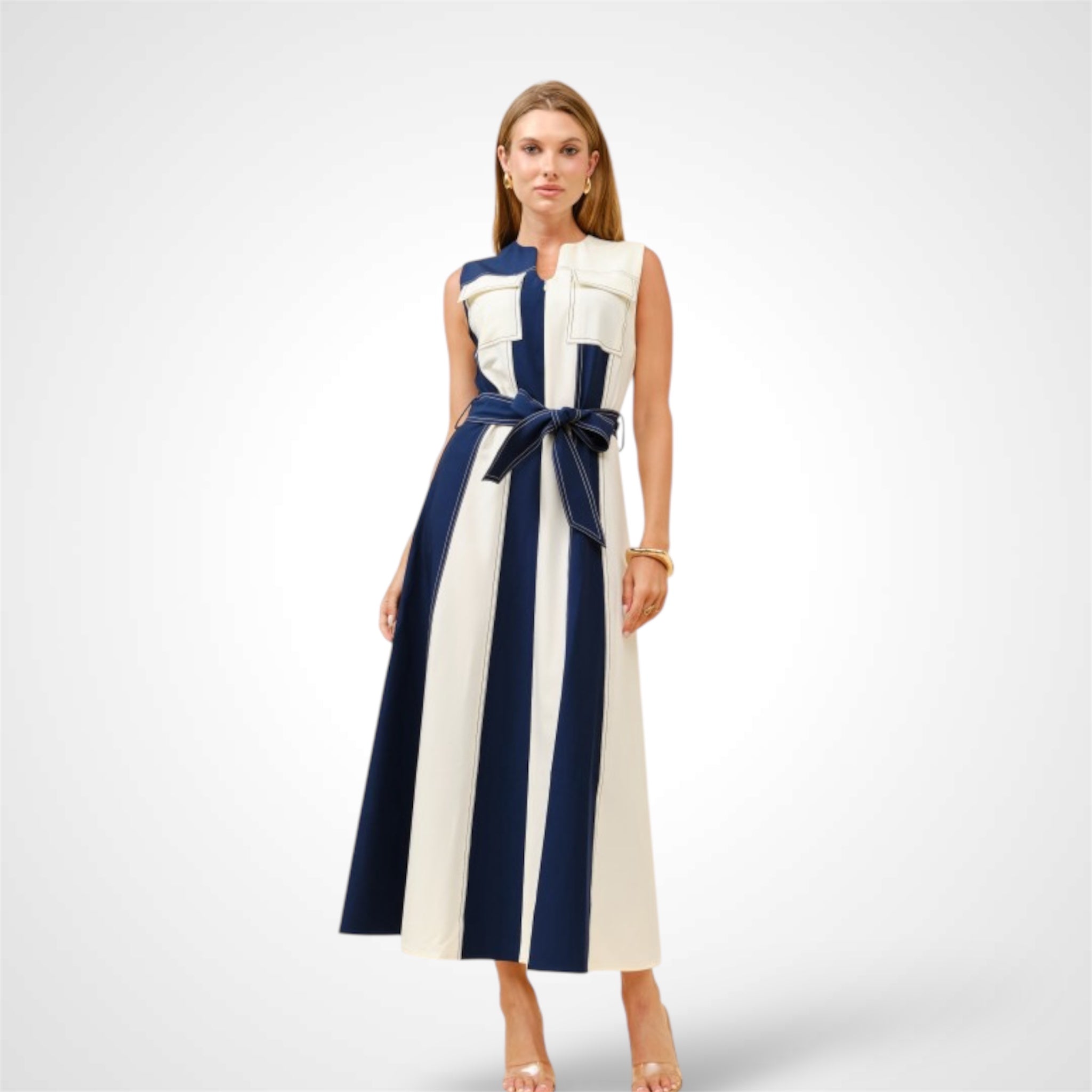 NAVY/ IVORY SLEEVELESS COLOR-BLOCK MIDI DRESS