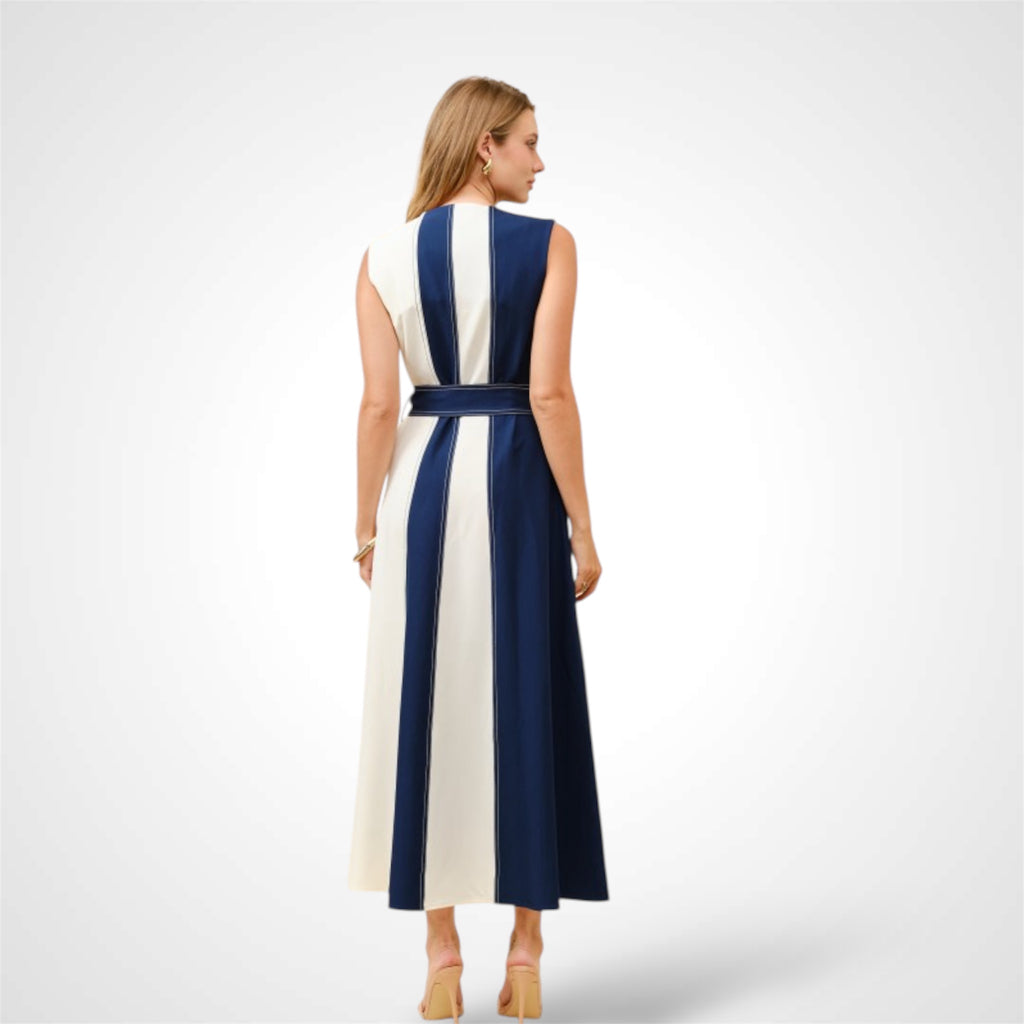 NAVY/ IVORY SLEEVELESS COLOR-BLOCK MIDI DRESS