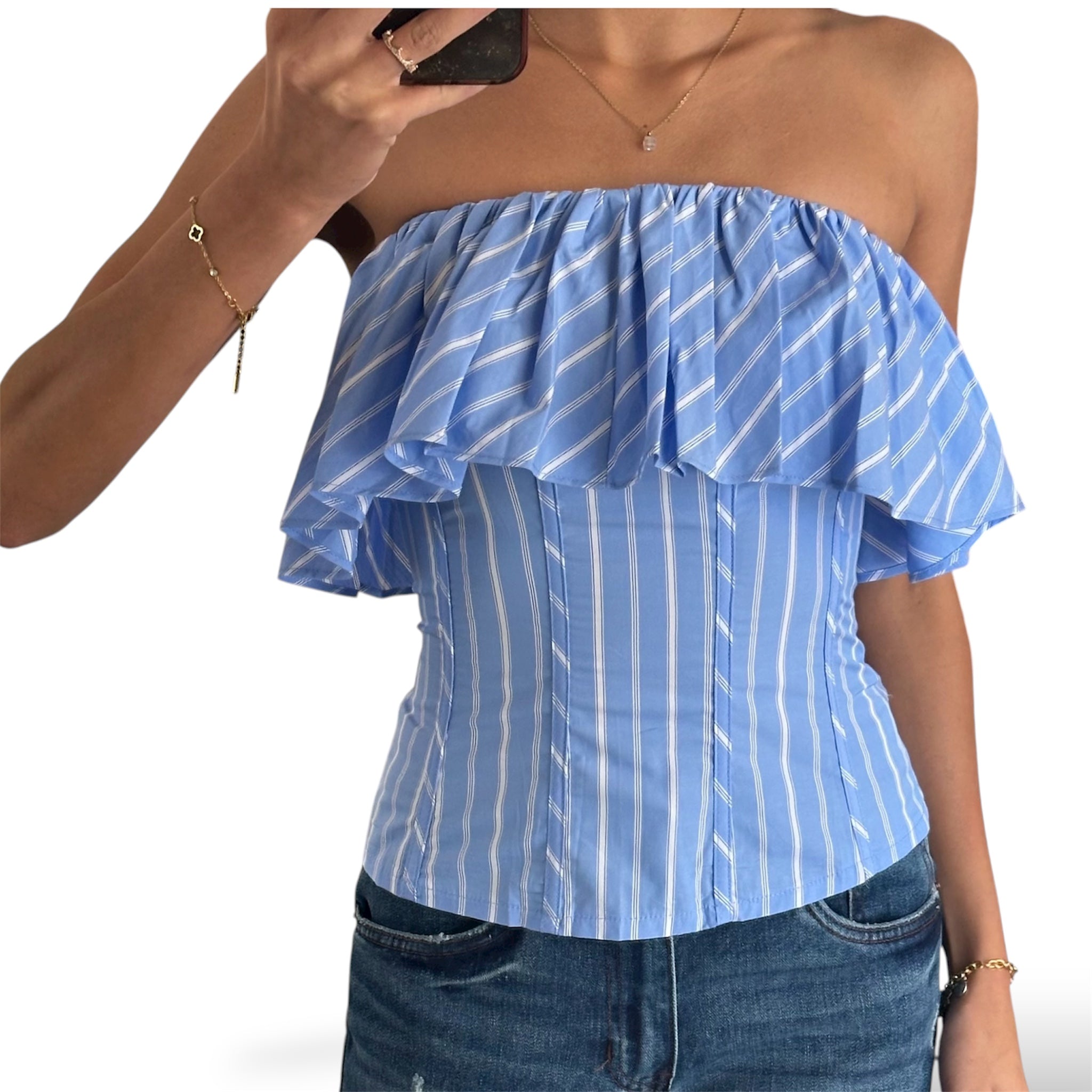 STRIPPED STRAPLESS TOP•