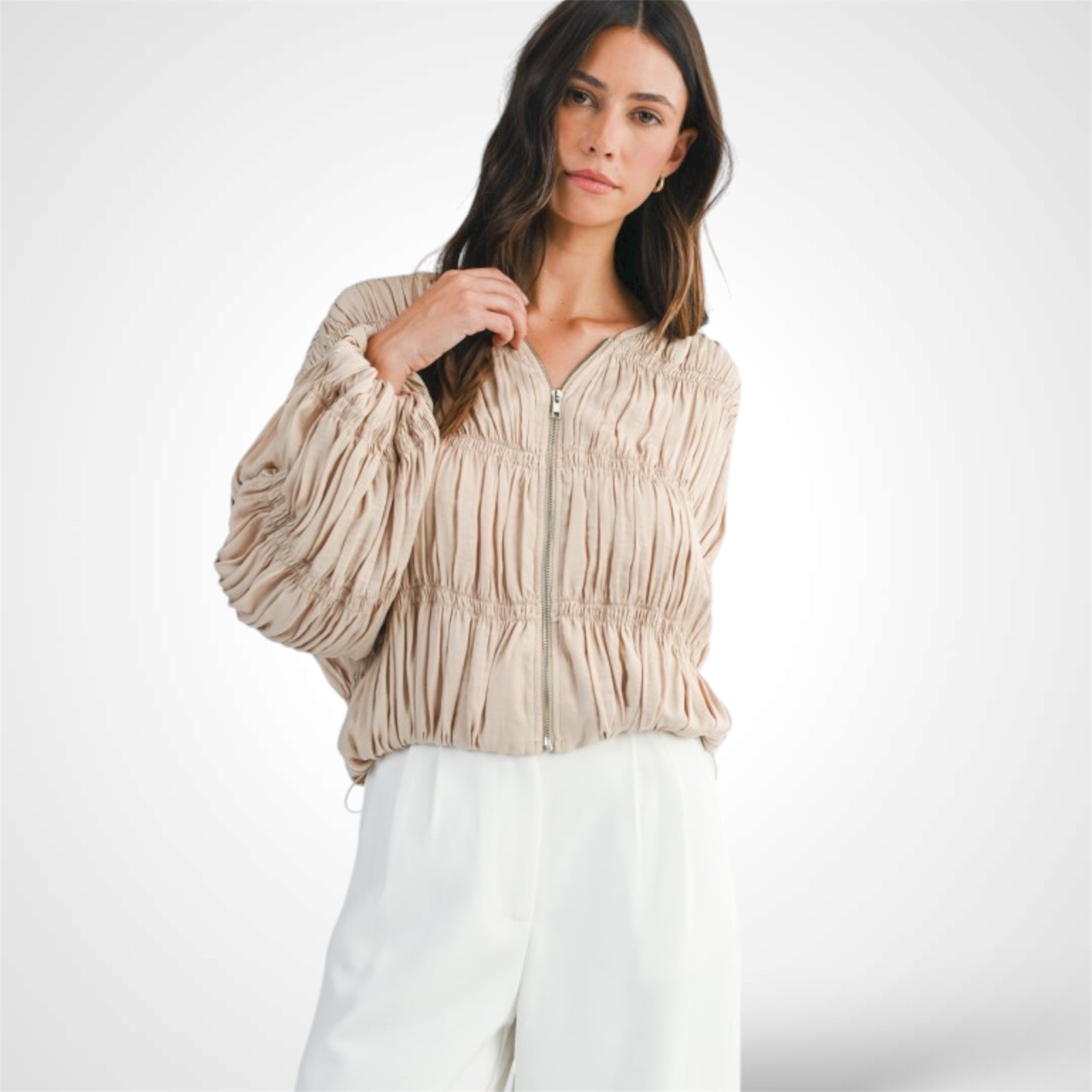 TAUPE GATHERED SMOCKED OVER FIT JACKET•-1