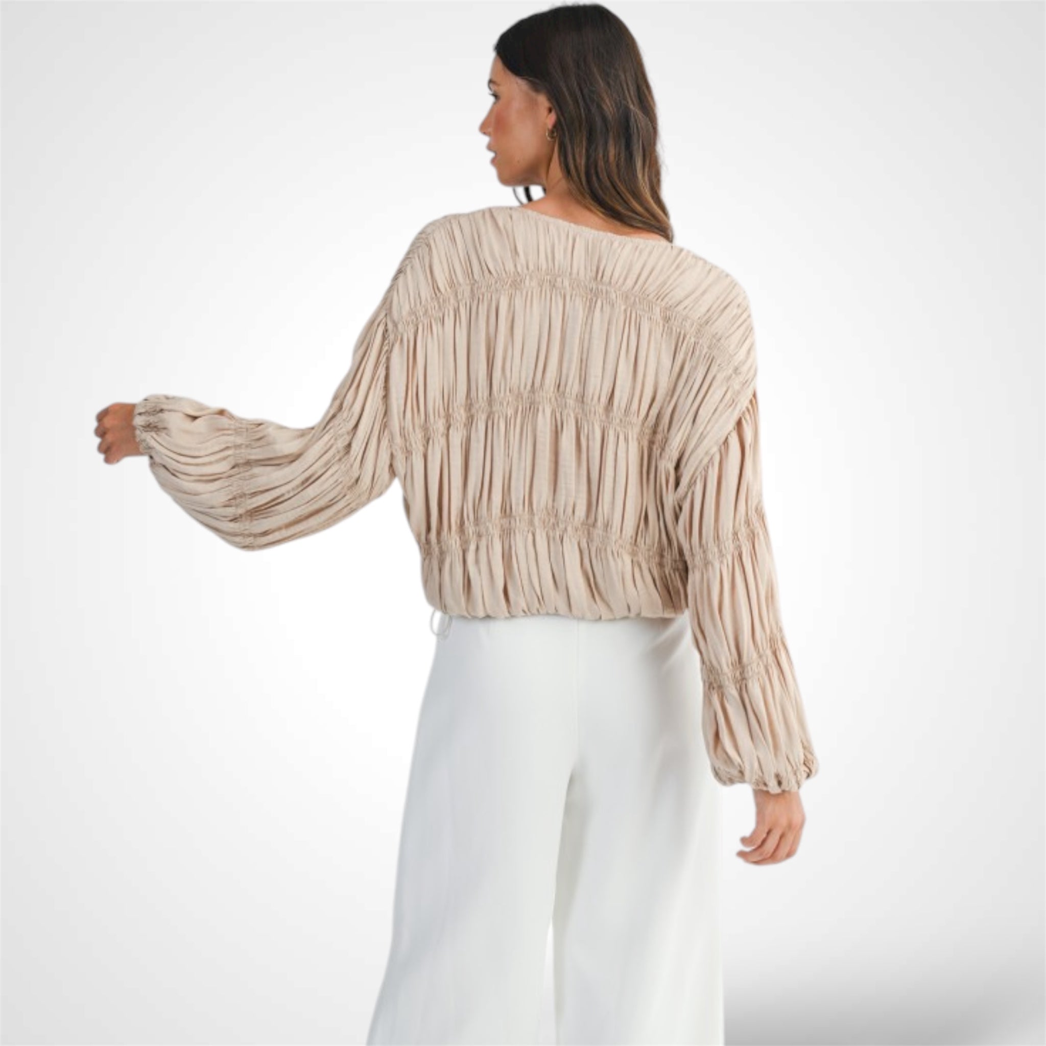 TAUPE GATHERED SMOCKED OVER FIT JACKET