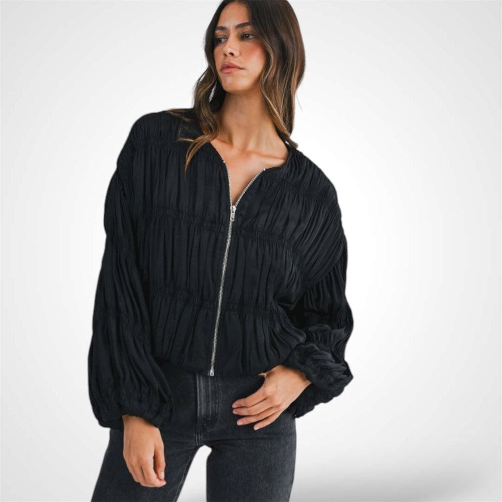 BLACK GATHERED SMOCKED OVER FIT JACKET