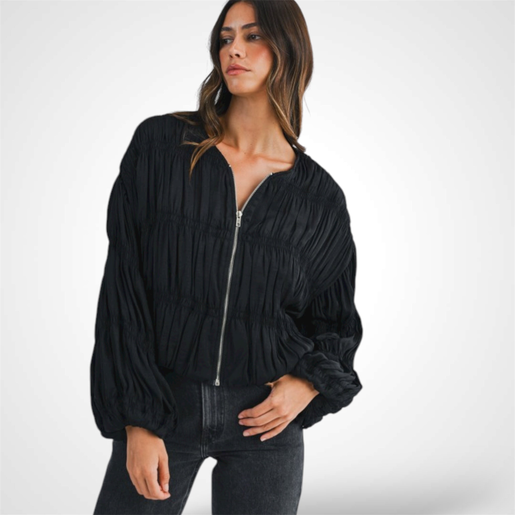 BLACK GATHERED SMOCKED OVER FIT JACKET