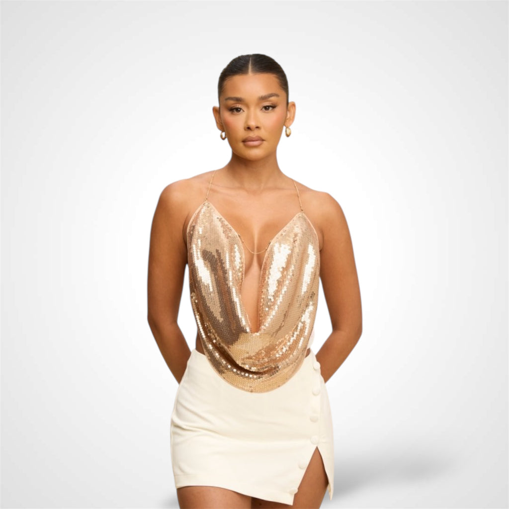 ROSE GOLD SEQUIN CHAIN COWL TOP