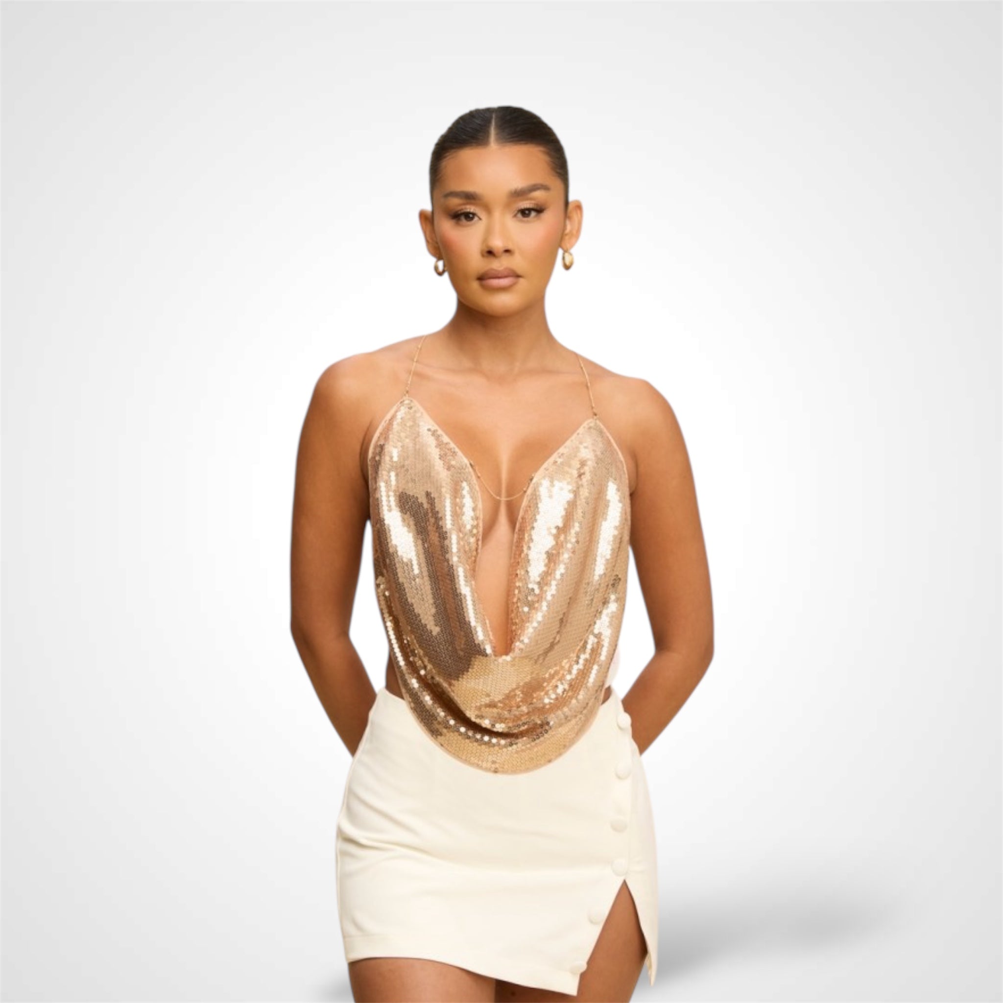 ROSE GOLD SEQUIN CHAIN COWL TOP