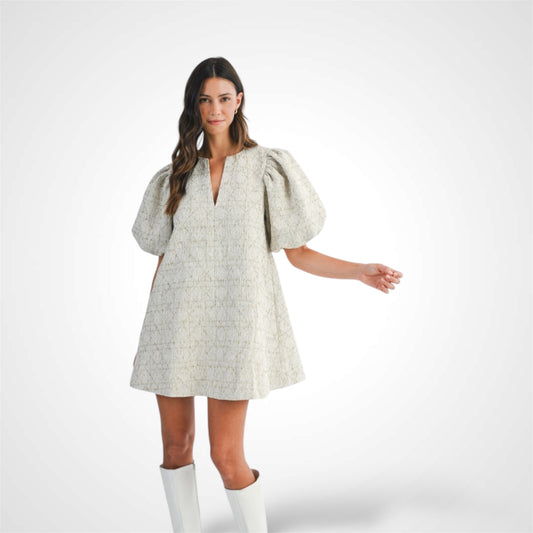 BOUCLE TEXTURED TWEED PUFF SLEEVE MINI DRESS