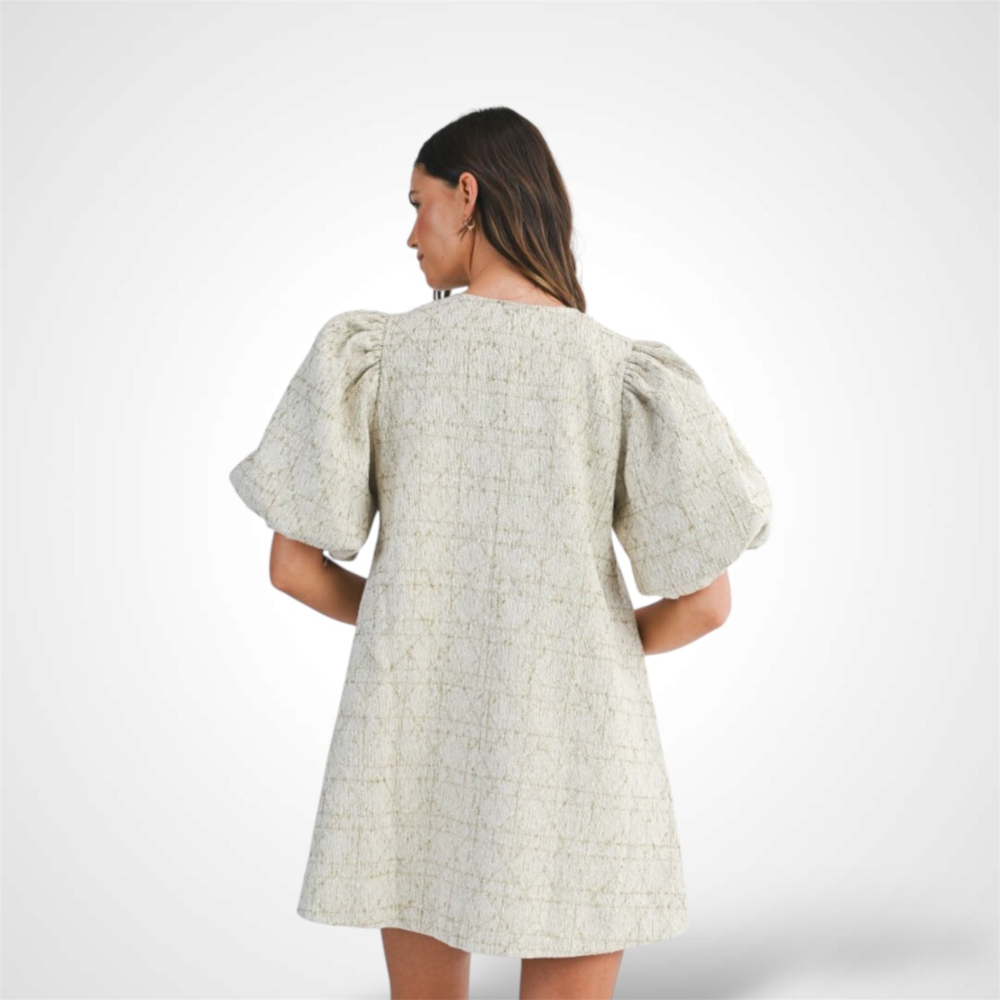 BOUCLE TEXTURED TWEED PUFF SLEEVE MINI DRESS