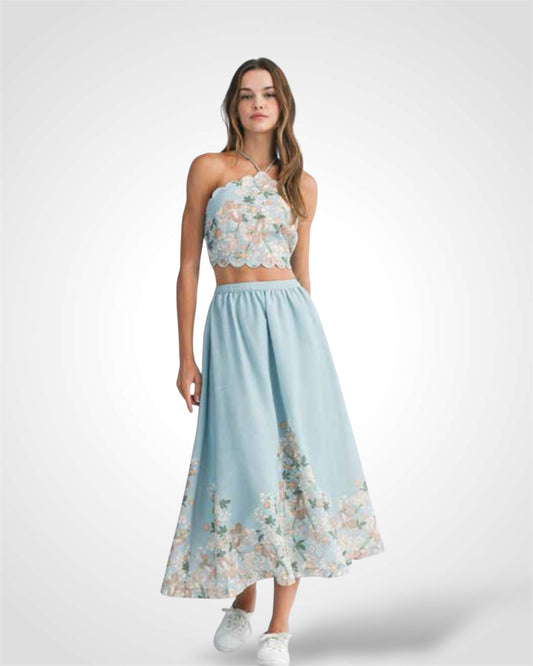 Floral Printed Top and Midi Skirt Set