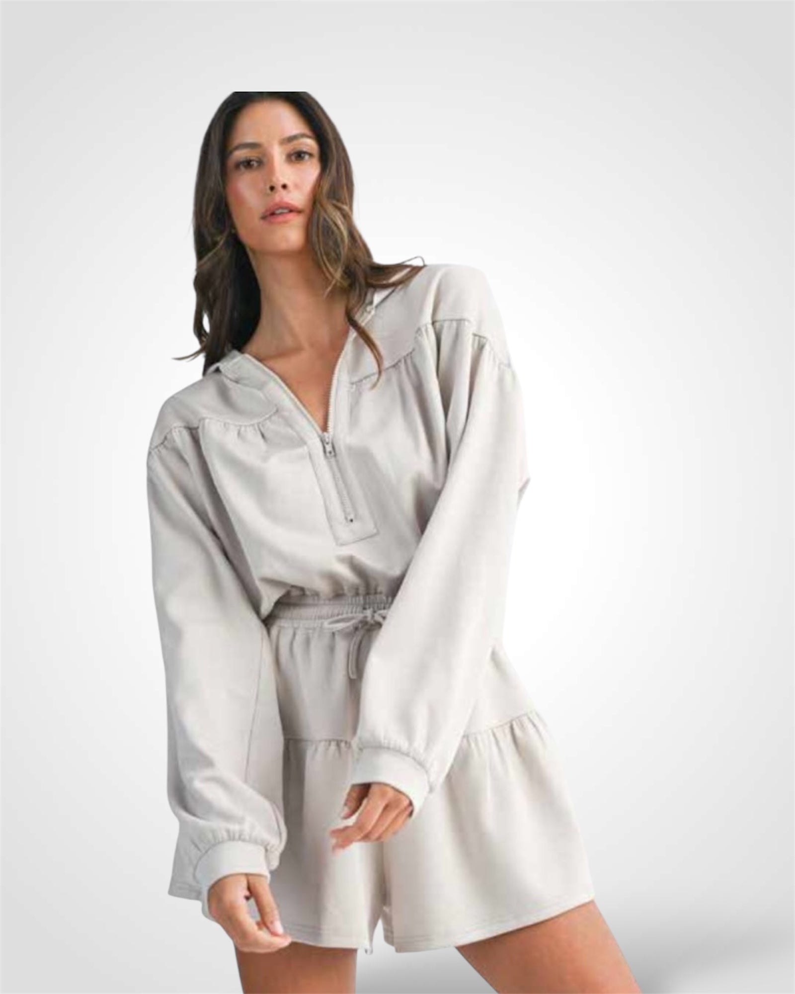 Stone Zip Front Hooded Romper•-4