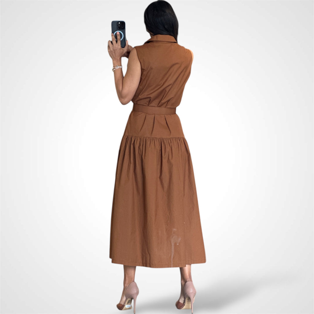 BELTED GOLD BUTTON MIDI SHIRT DRESS