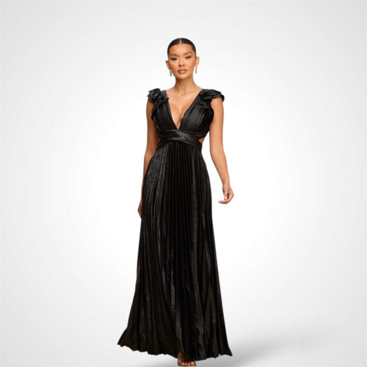 Black Metallic Pleated Maxi Dress