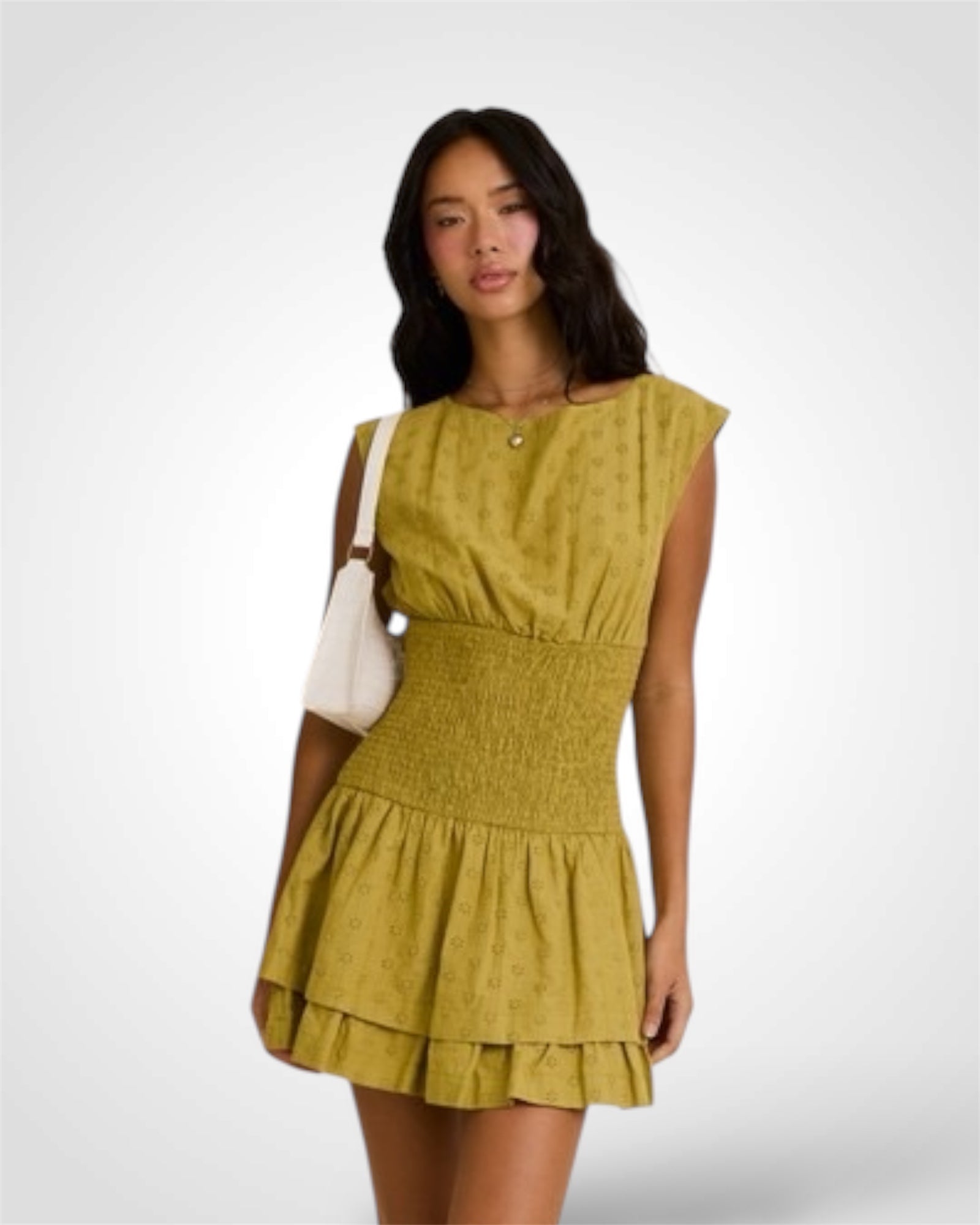 BOAT NECK SMOCKING WAIST MINI DRESS•*-4