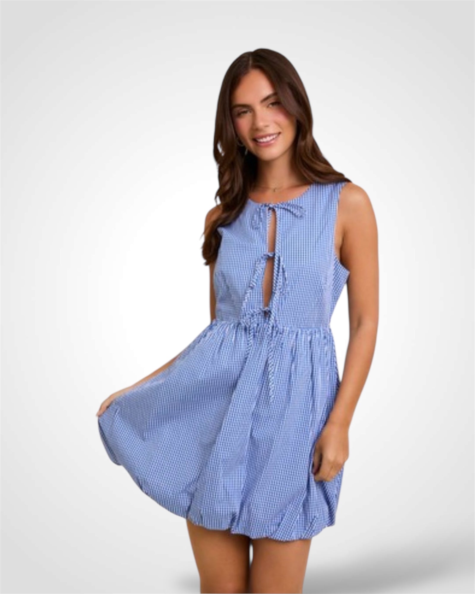 FRONT TIE DETAIL SLEEVELESS BUBBLE HEM DRESS•-4