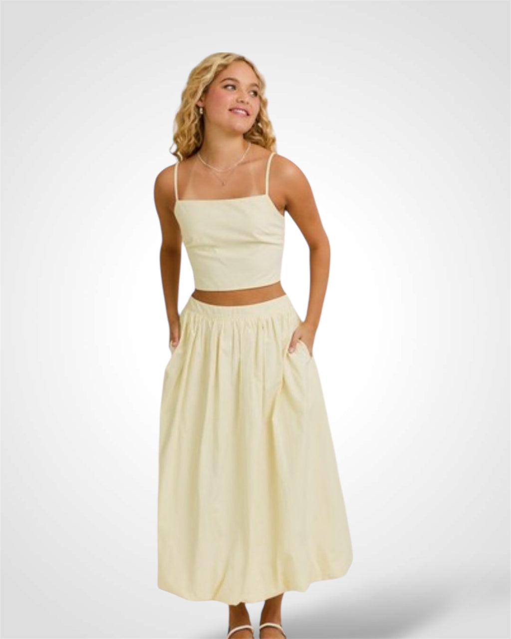 BACK TIE DETAIL SPAGHETTI TOP WITH BUBBLE HEM MIDI SKIRT