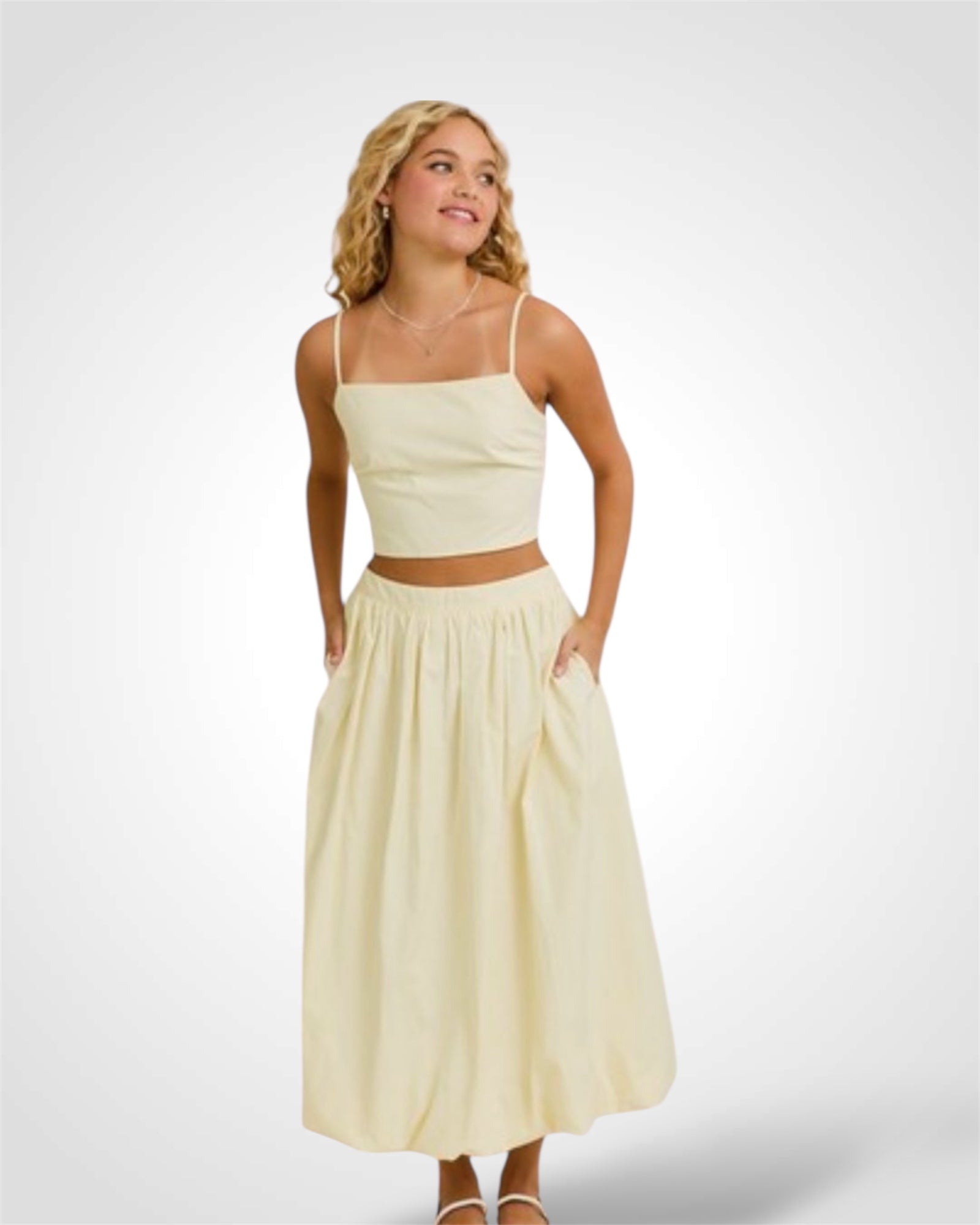 BACK TIE DETAIL SPAGHETTI TOP WITH BUBBLE HEM MIDI SKIRT