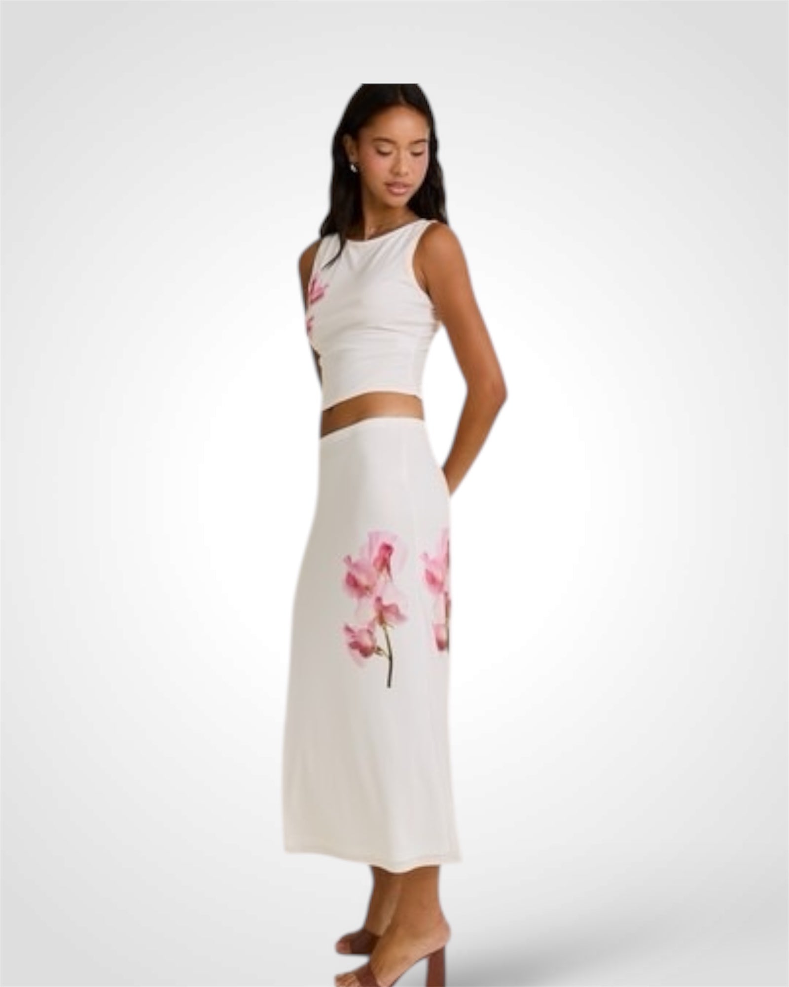 SLEEVELESS BOAT NECK FLOWERS PRINTED MESH TOP•-4