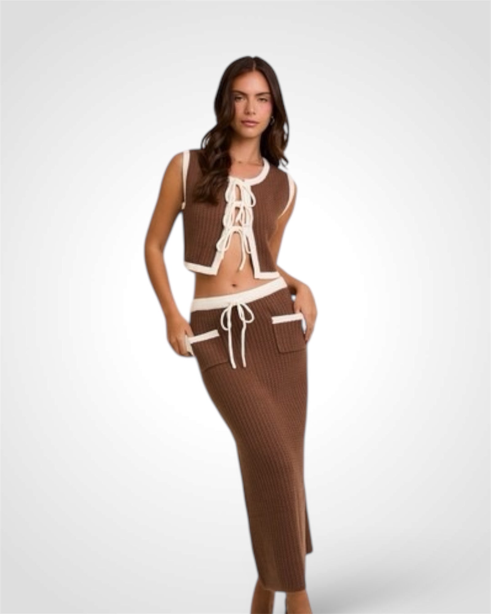 CONTRAST COLOR TRIM DETAIL OPEN SWEATER WITH SKIRT