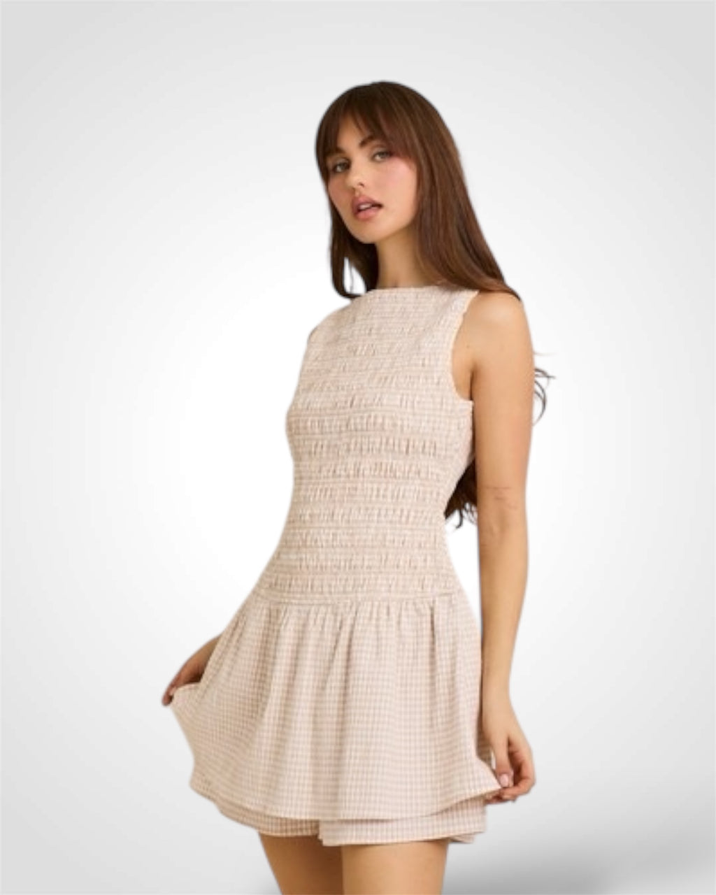 BOAT NECK SMOCKING BODICE LOW WAIST ROMPER