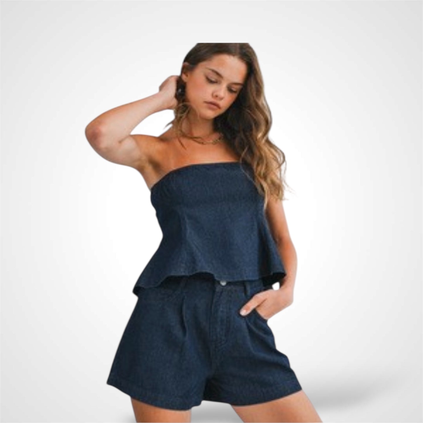 FIT AND FLARE DENIM TUBE TOP AND SHORTS SET