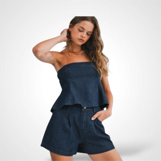 FIT AND FLARE DENIM TUBE TOP AND SHORTS SET