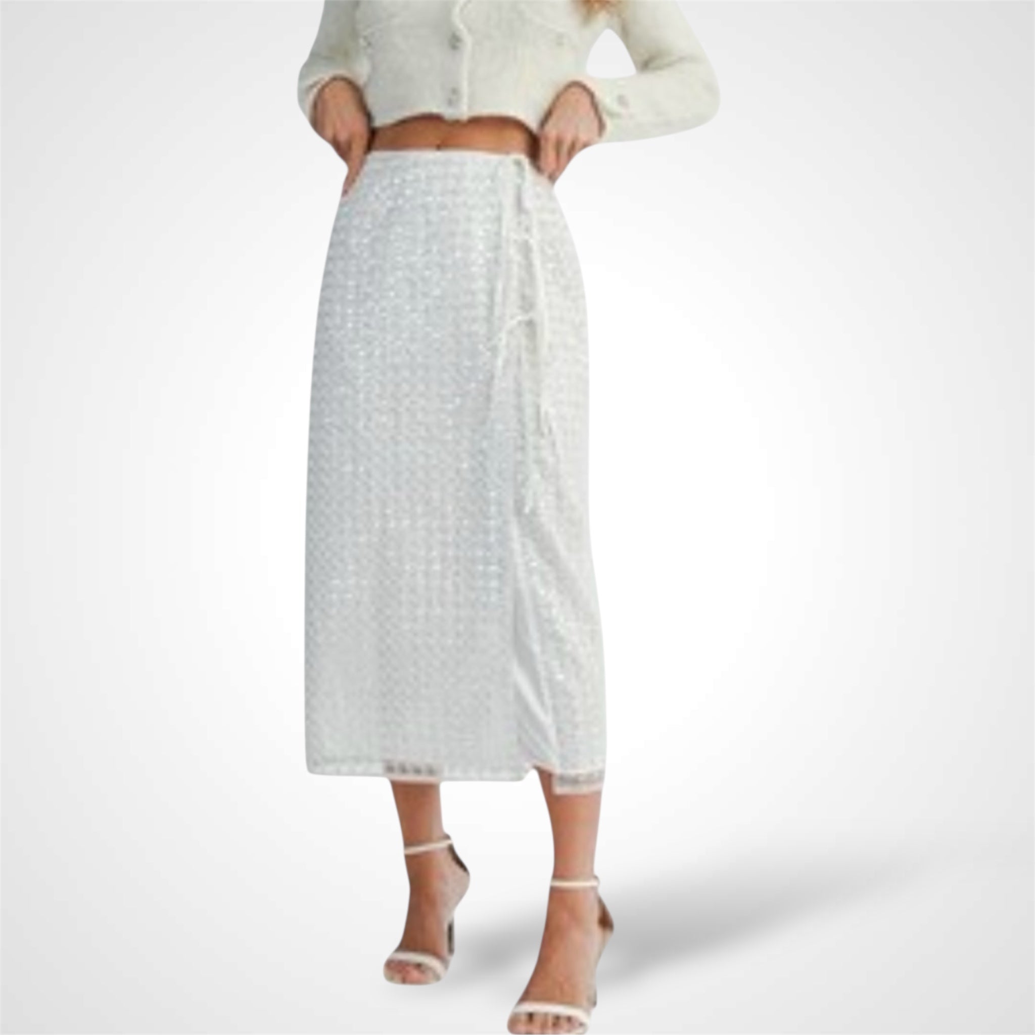 SEQUIN TIE FRONT MIDI SKIRT