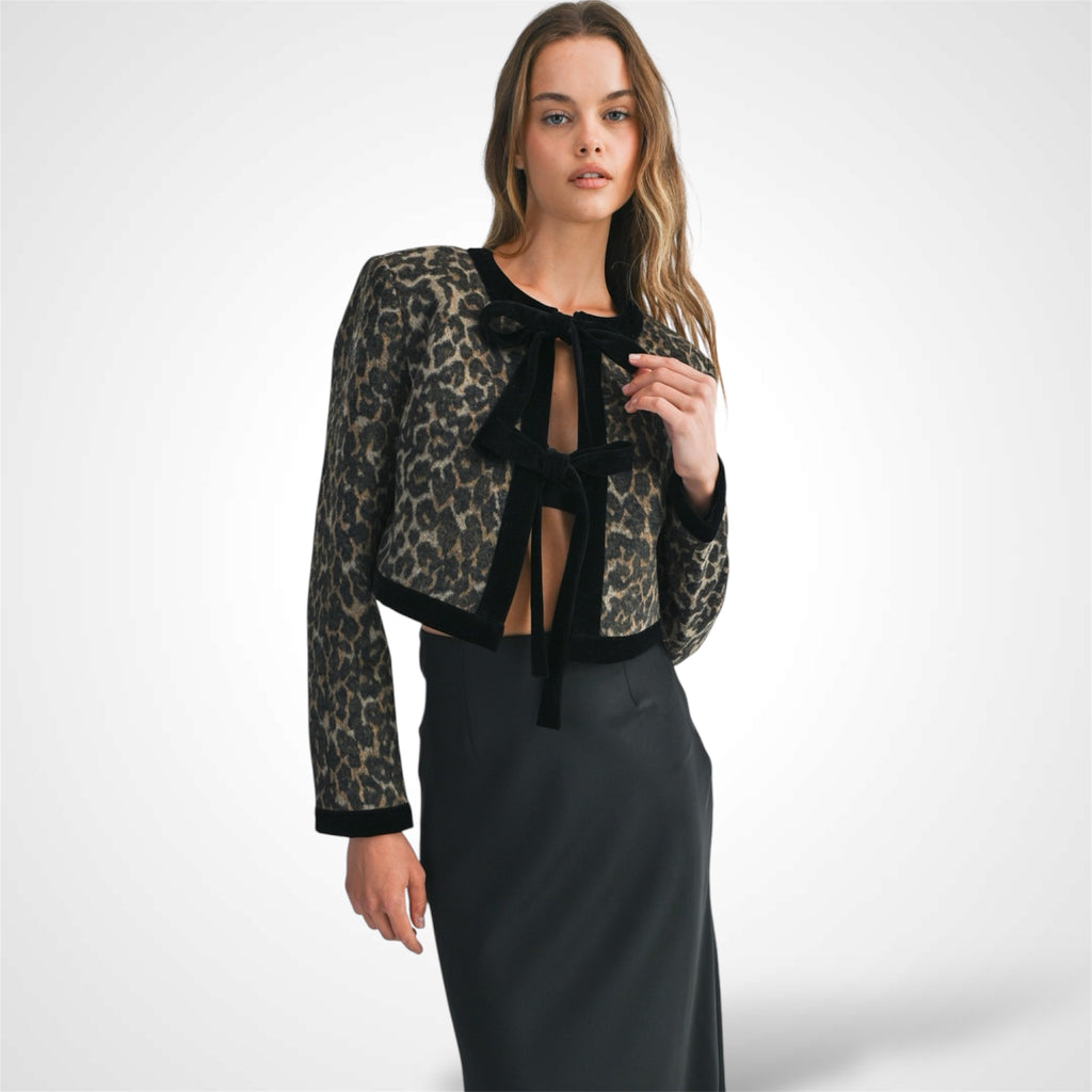 VELVET BOW TIED LEOPARD PRINTED JACKET