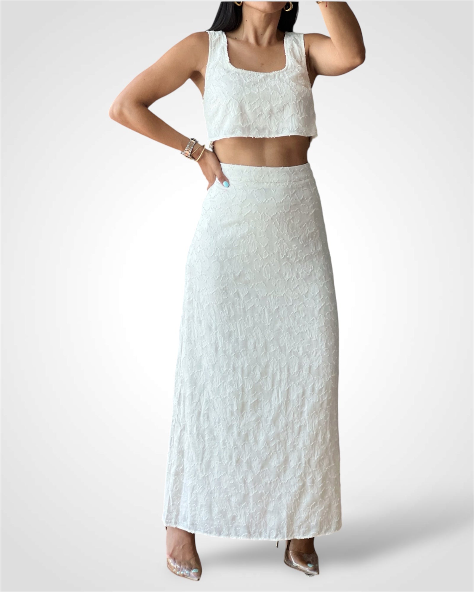 SJ - Textured Cream Midi Skirt