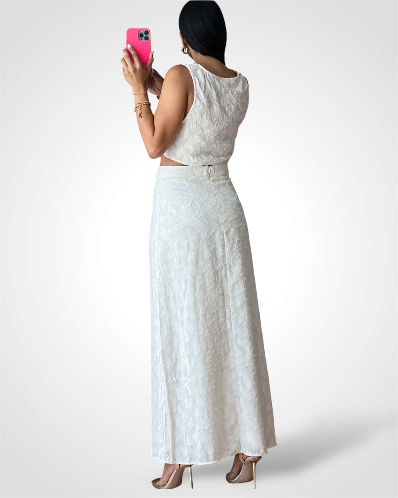 SJ - Textured Cream Midi Skirt