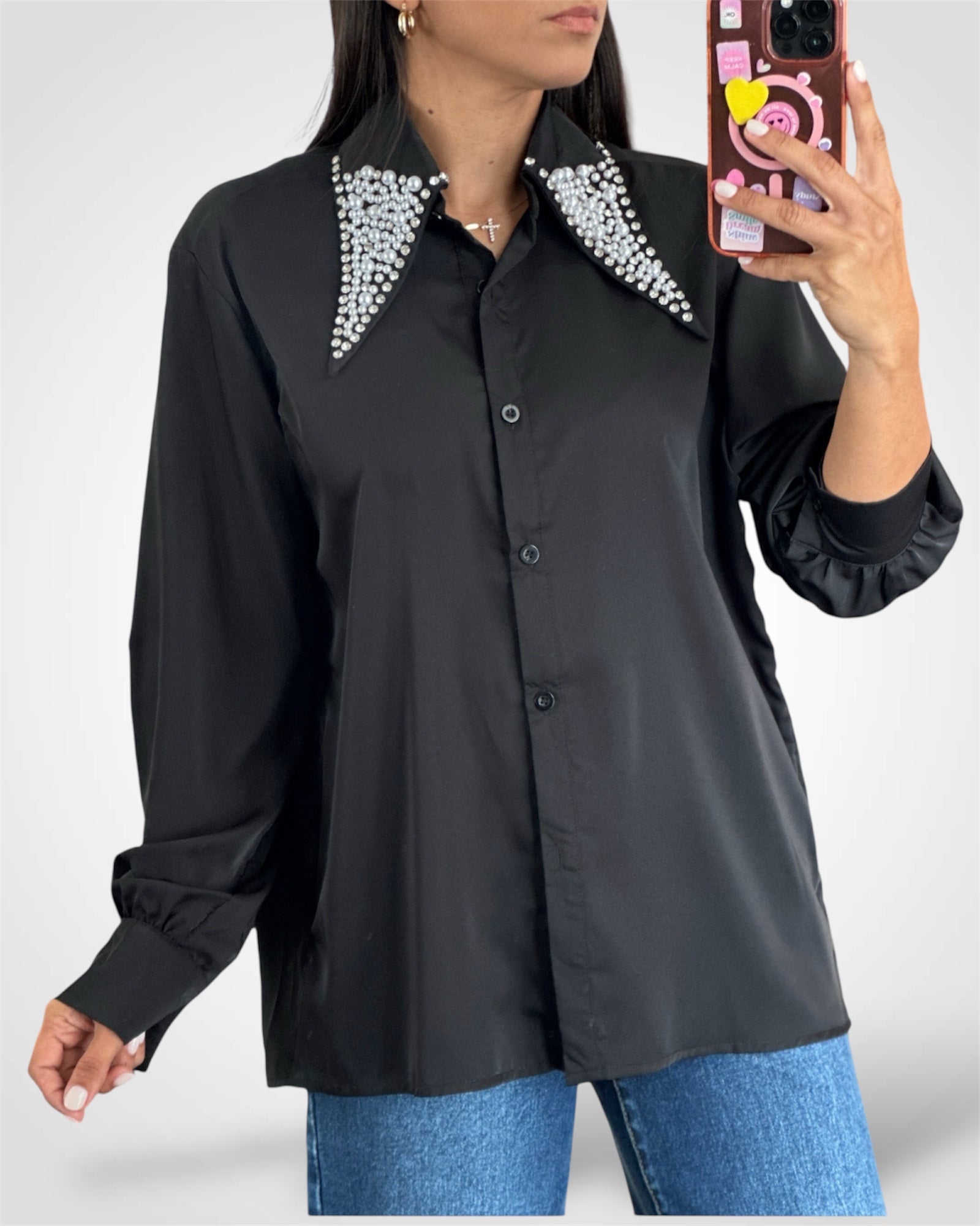 RHINESTONES AND PEARL DETAIL LONG SLEEVE BLOUSE•-2