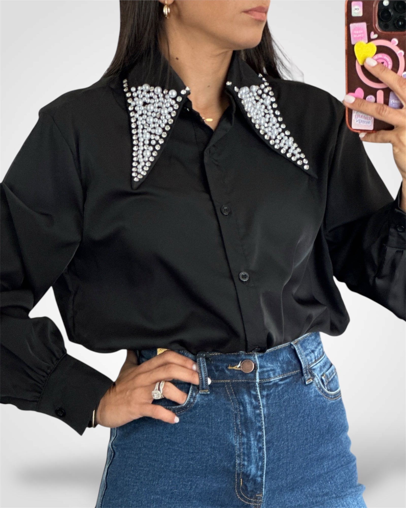 RHINESTONES AND PEARL DETAIL LONG SLEEVE BLOUSE•