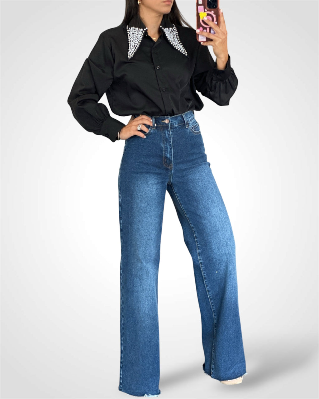 SJQ- RHINESTONES AND PEARL DETAIL LONG SLEEVE BLOUSE