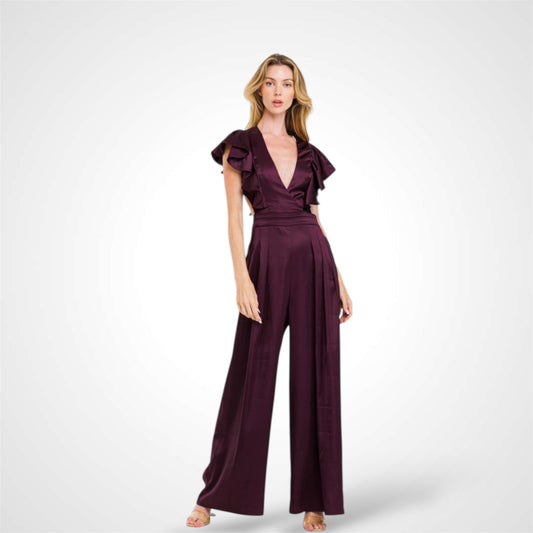 Plum Satin Ruffle Detail Jumpsuit