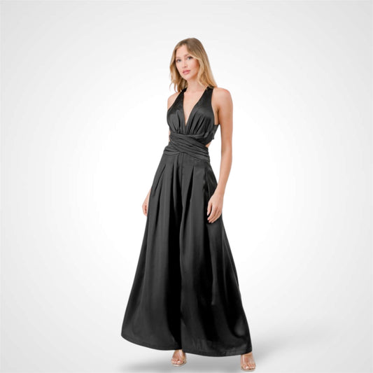 SJQ-Black Satin Wide Leg Jumpsuit