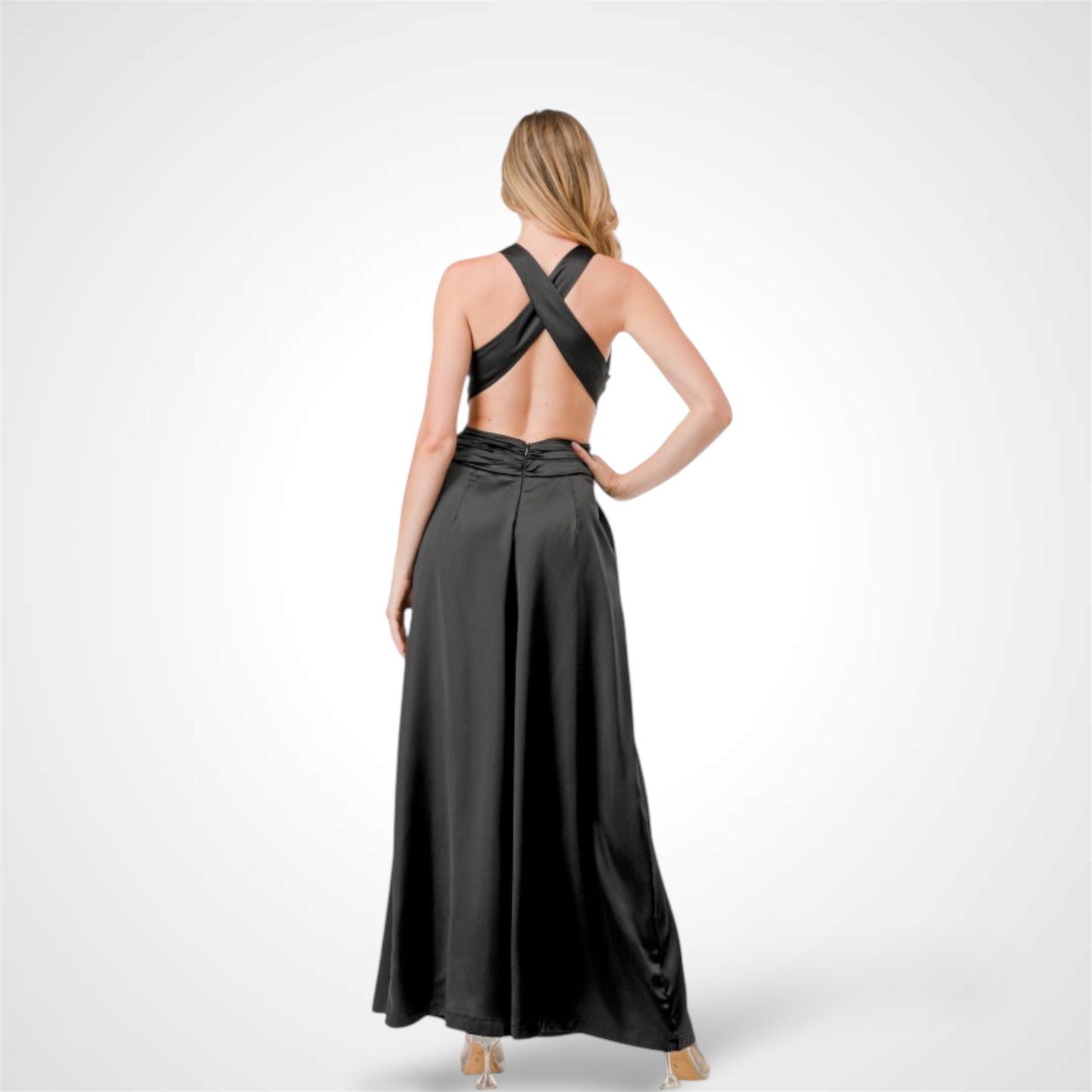 SJQ-Black Satin Wide Leg Jumpsuit