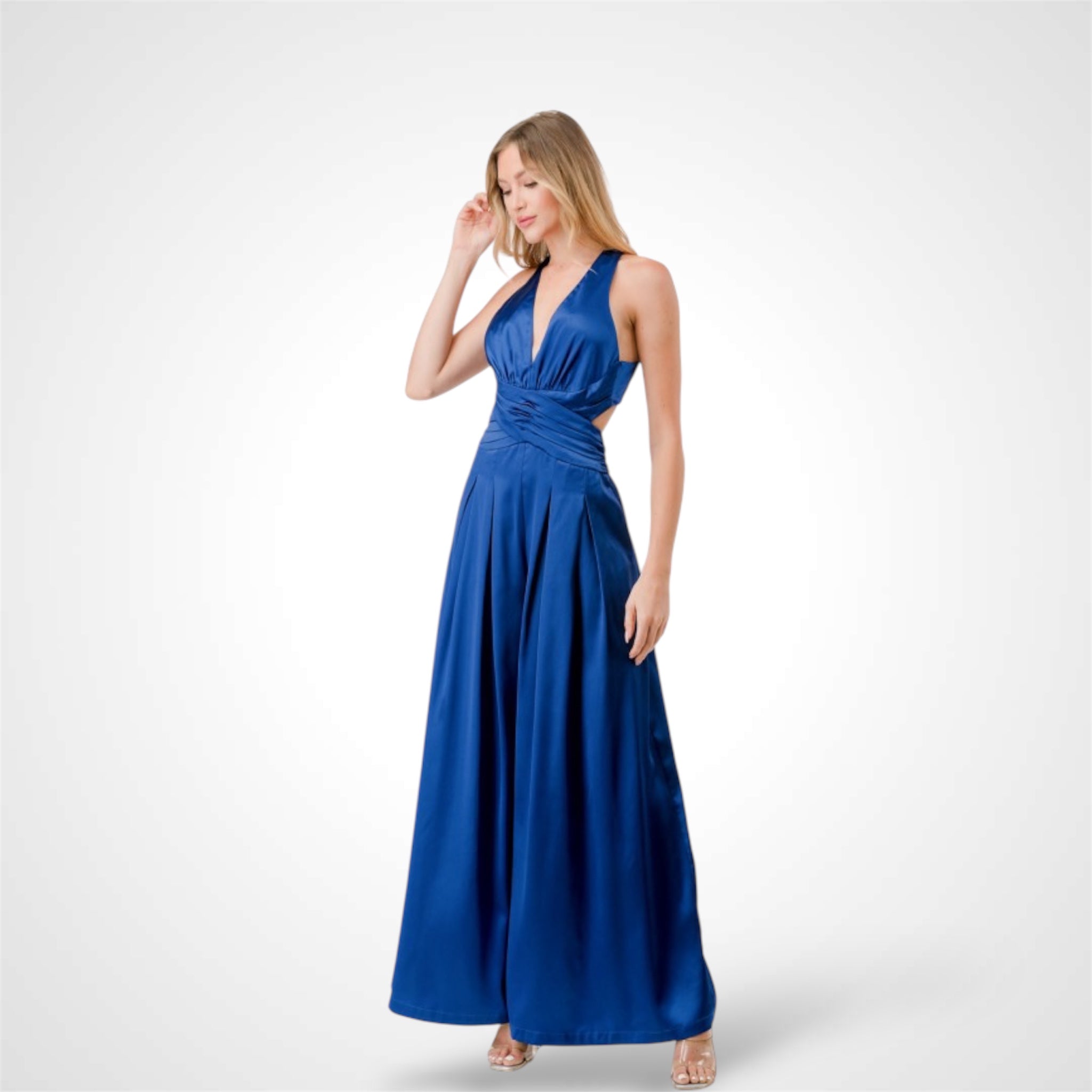 Royal Blue Satin Wide Leg Jumpsuit•-1