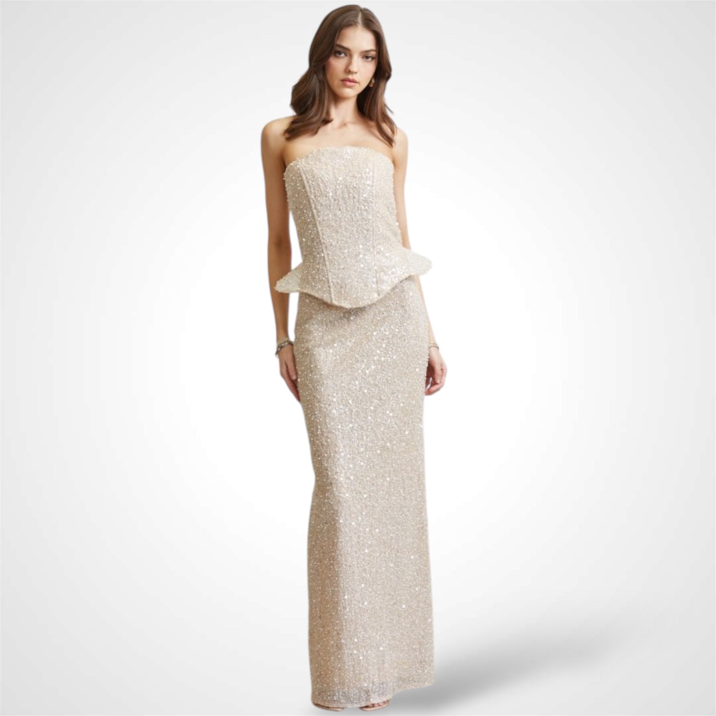 Champagne Glitter Sequin Pearl Corset 2 Piece set