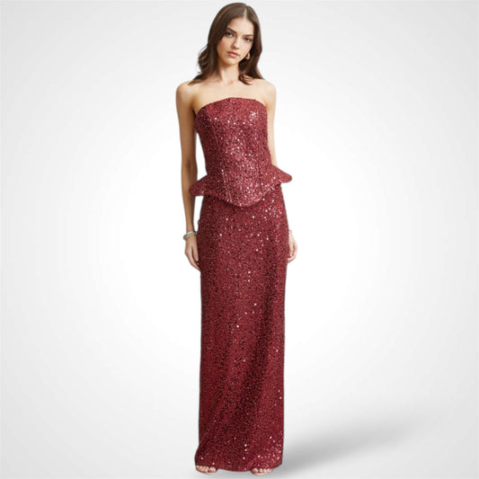 SJQ-Burgundy Glitter Sequin Pearl Corset 2 Piece set