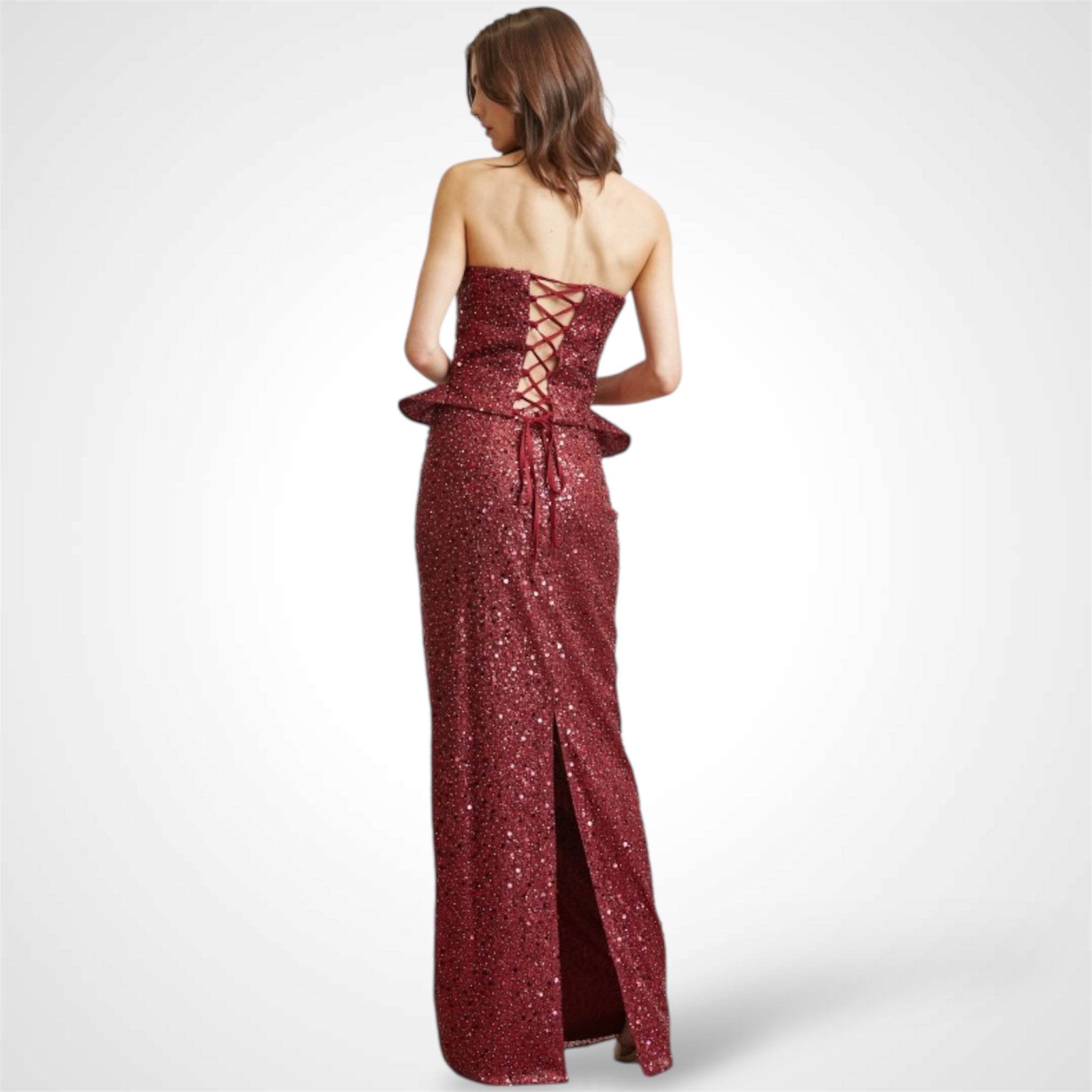 Burgundy Glitter Sequin Pearl Corset 2 Piece set•-2