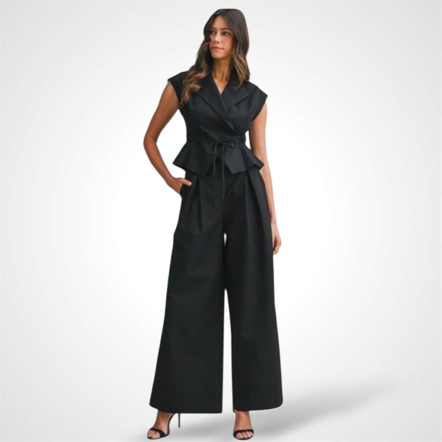 BLACK TAILORED SHORT SLEEVE TOP AND WIDE PANTS SET
