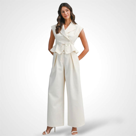 SJQ-ECRU TAILORED SHORT SLEEVE TOP AND WIDE PANTS SET