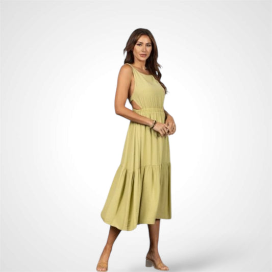 Sage Cut-out Waist Open Back Ruffled Maxi Dress