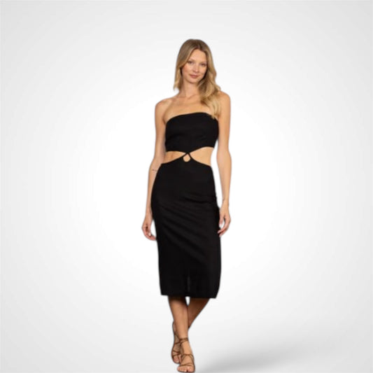Black Linen Tube Cut-out Waist Pencil Midi Dress
