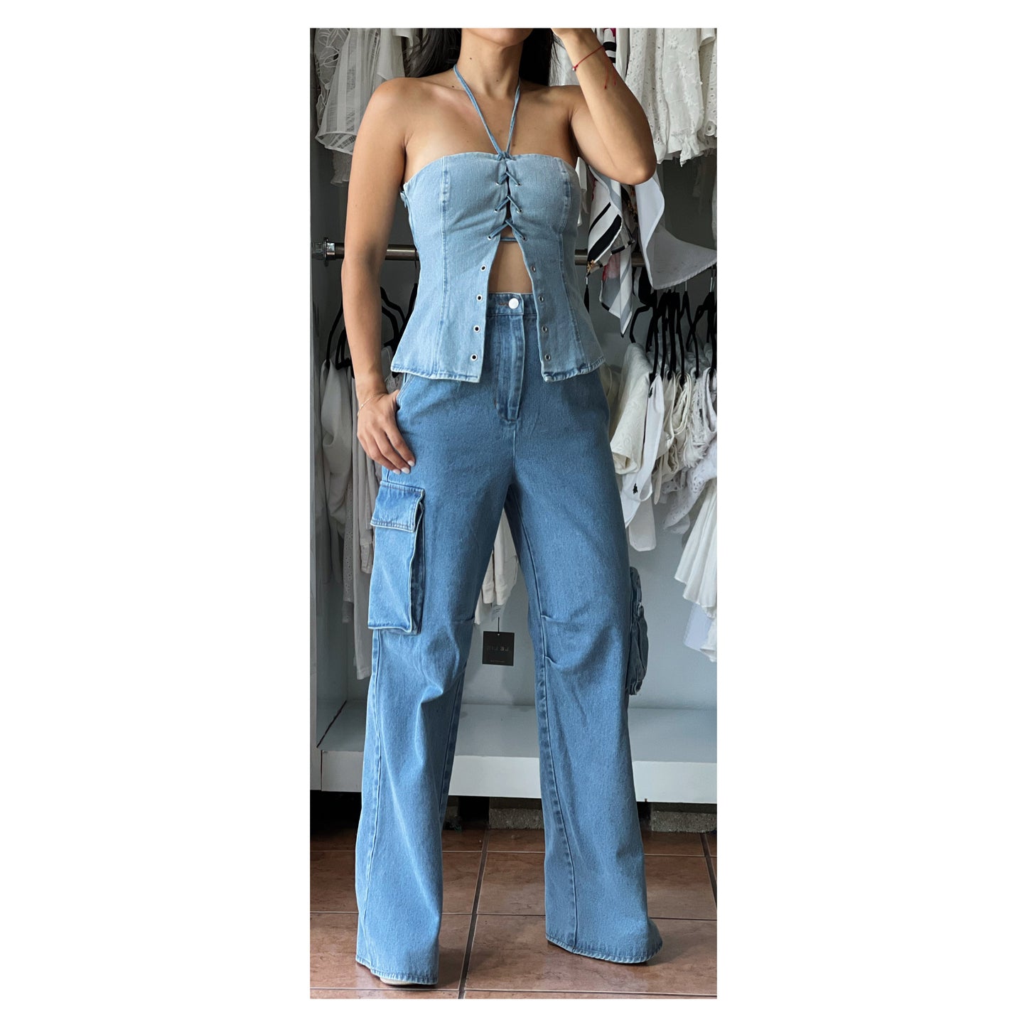 Denim Halter Neck Lace Up Top