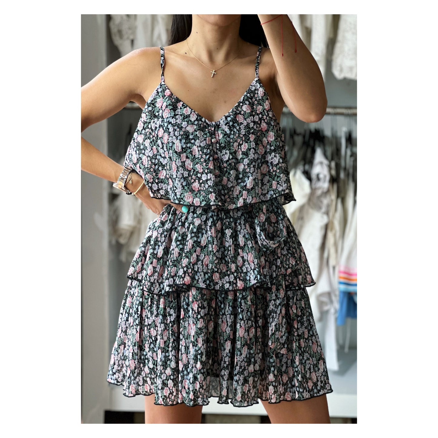 SJ - PLEATED CHIFFON FLORAL PRINT RUFFLE TIERED DRESS