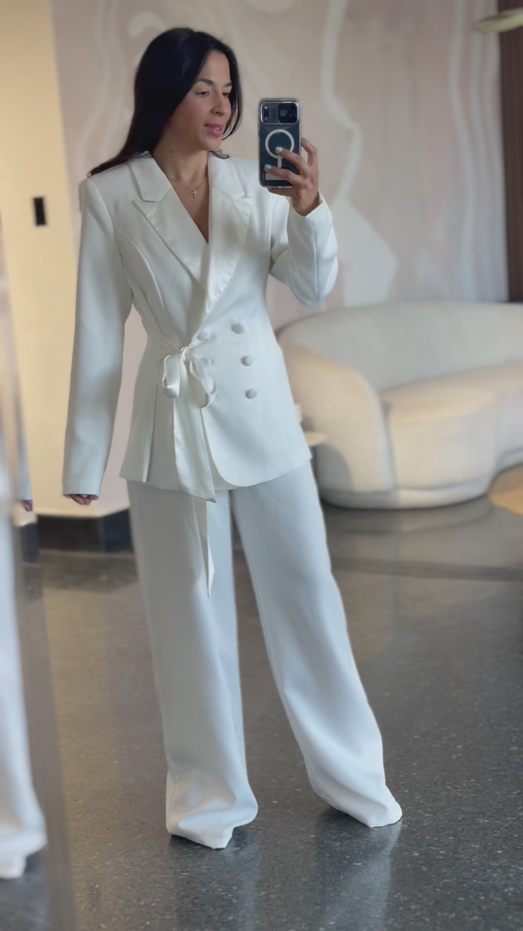 Off White Blazer Set With Satin Tied Waist•-4