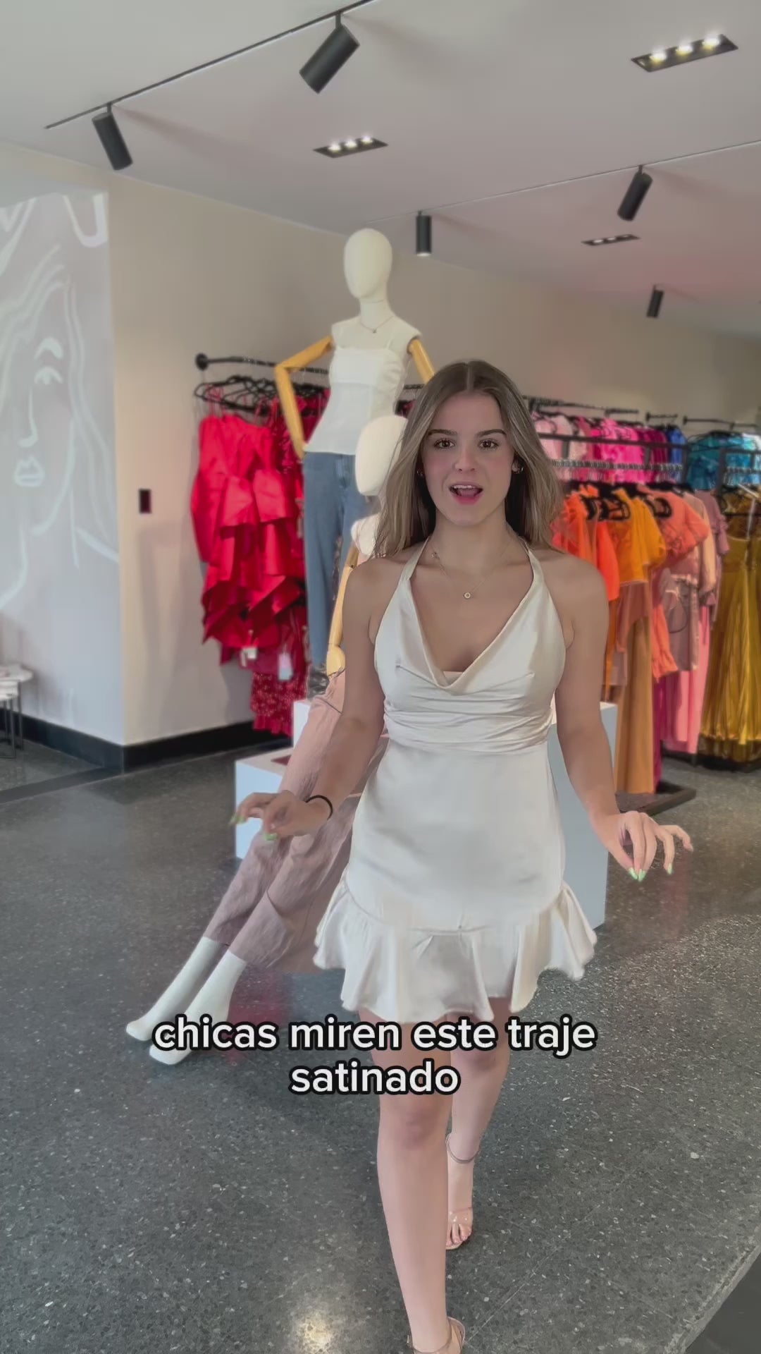 HALTERNECK COWL FRONT MINI SATIN DRESS